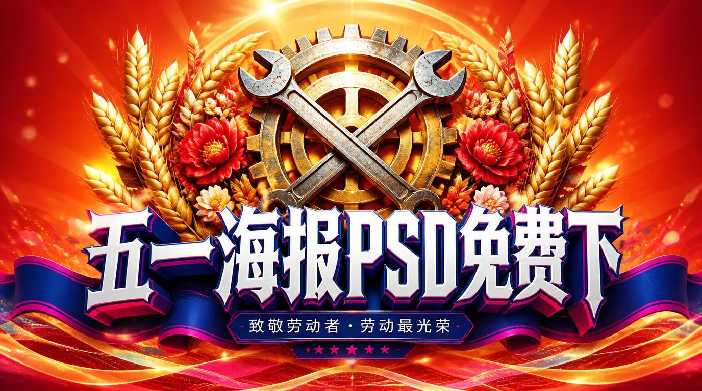 五一劳动节海报PSD模板，一键下载即用！