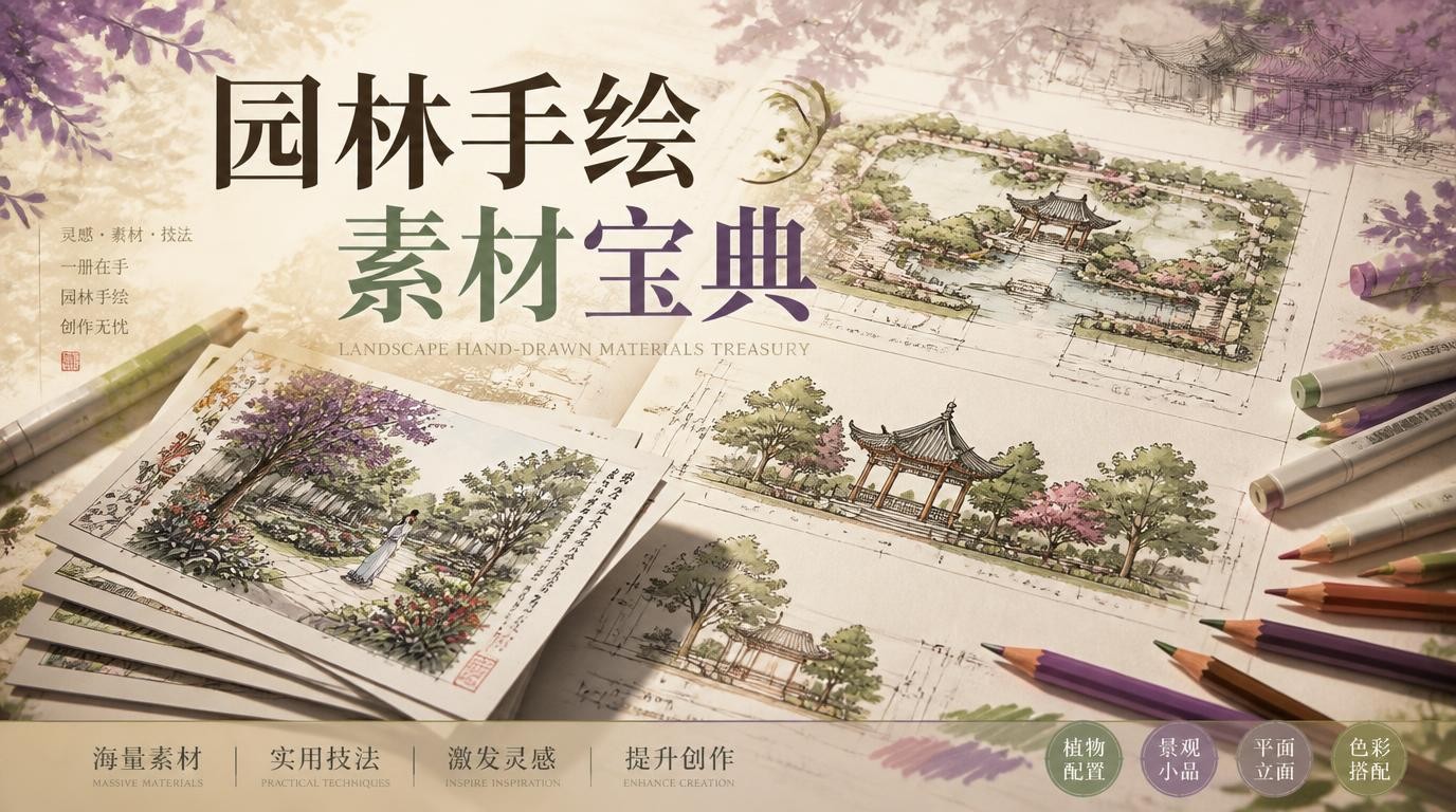 手绘园林景观素材：平立面彩图与人物小品