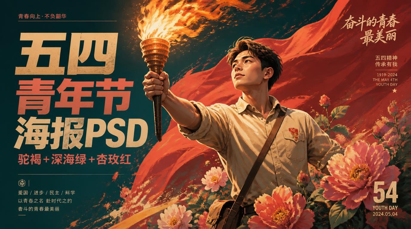 五四青年节海报PSD模板，点燃青春激情！