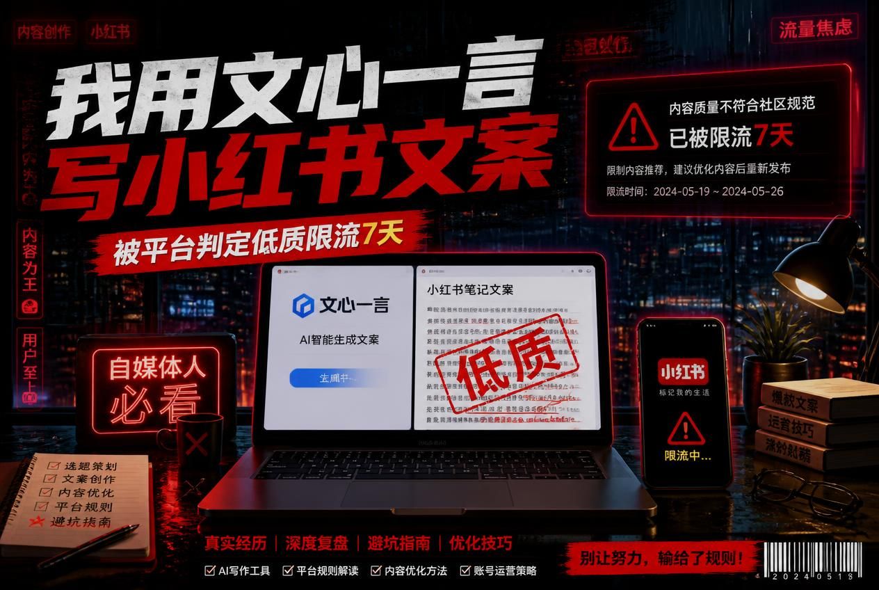 我用文心一言写小红书文案，被平台判定低质限流7天