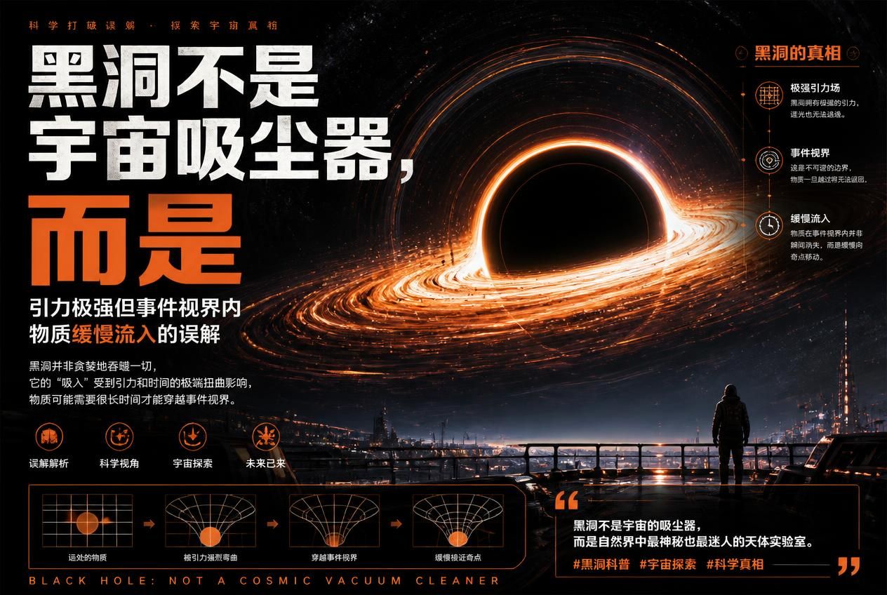 黑洞不是宇宙吸尘器，而是引力极强但事件视界内物质缓慢流入的误解