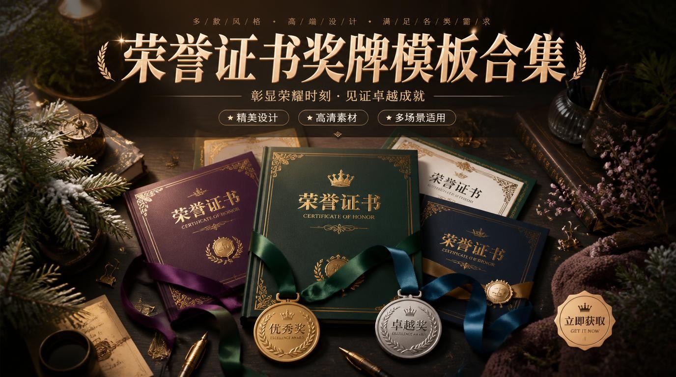 50多套高颜值荣誉证书奖牌模板，企业学校单位通用合集