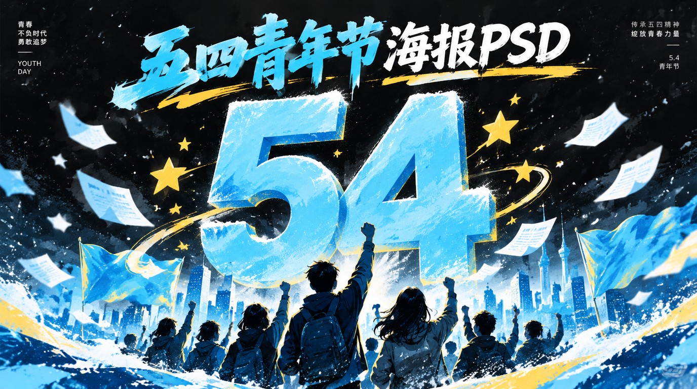 五四青年节海报PSD模板，一键下载，点燃青春热血！