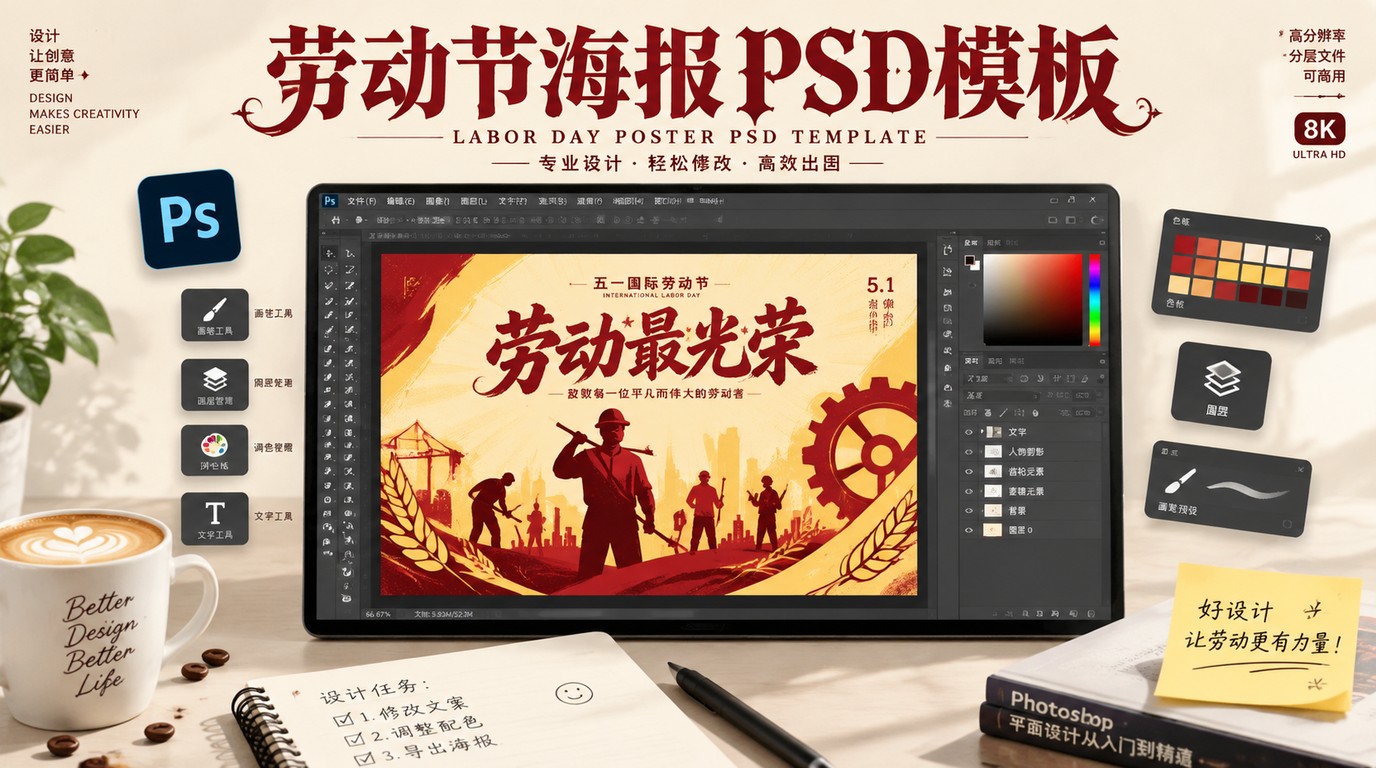五一劳动节海报PSD模板，一键搞定节日设计