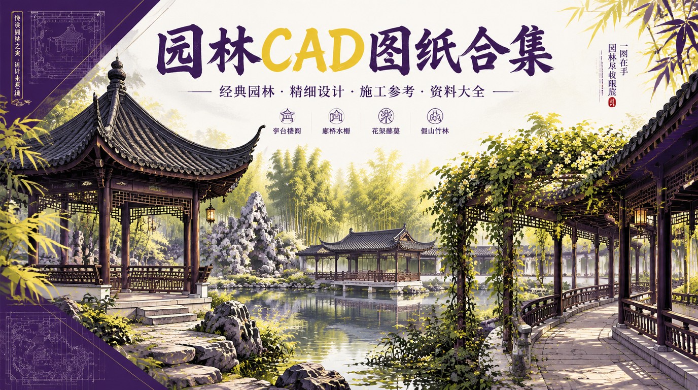 亭子碑亭水榭花架廊道CAD图纸合集，园林设计必备