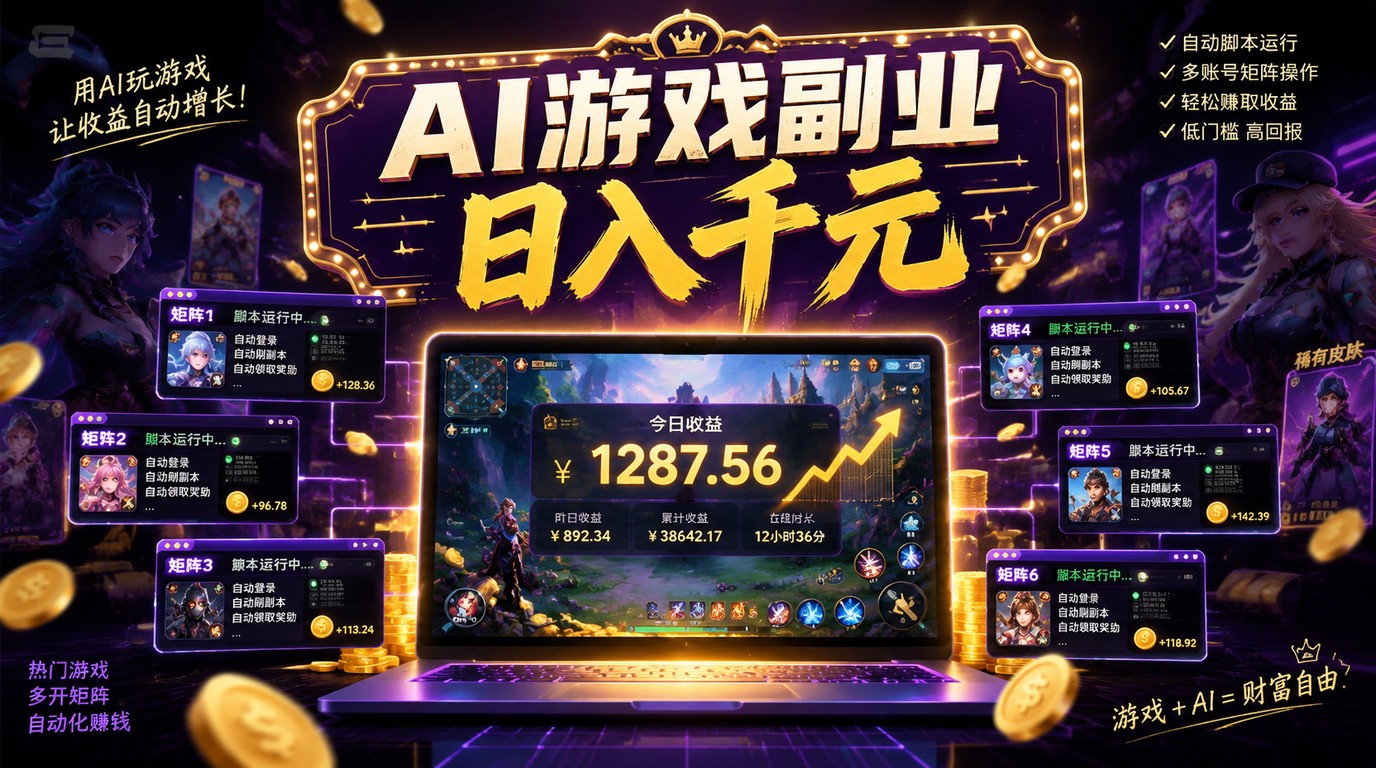 AI自动化游戏副业，日入千元，新手小白也能批量矩阵操作！
