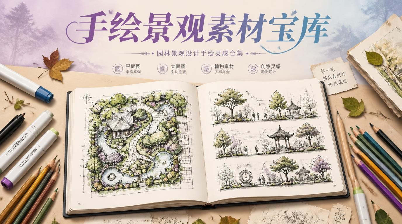 手绘园林景观配景素材，设计师的灵感宝库