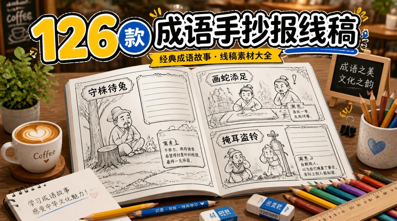 126款成语故事手抄报黑白线稿，可下载打印，孩子作业不用愁
