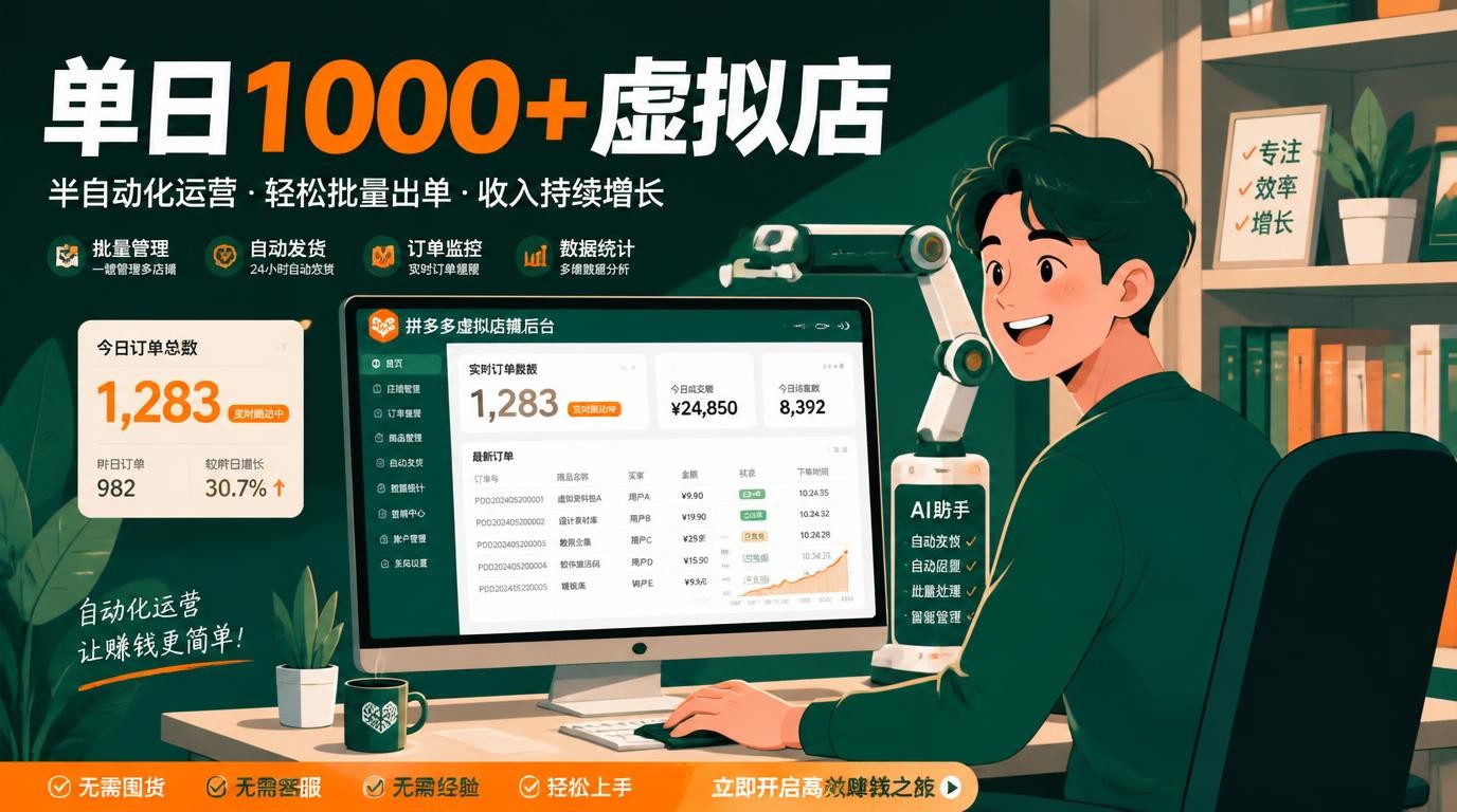 拼多多虚拟店：单日1000+，机器人半自动运营，稳定长久