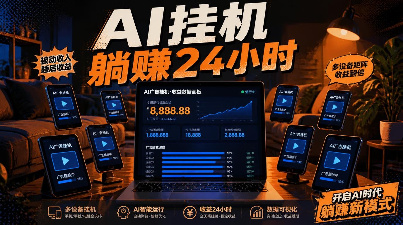 24小时AI广告挂机，在家躺赚被动收入！