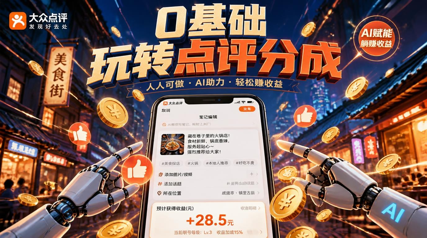 大众点评分成实操训练营：从0起号到批量发布，AI提效单条收益几元至几十元